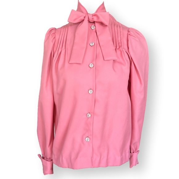Vintage 70s peach pink bow button up long sleeve pleated secretary blouse - Picture 10 of 10